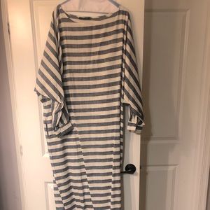 denim and white striped floor length dress